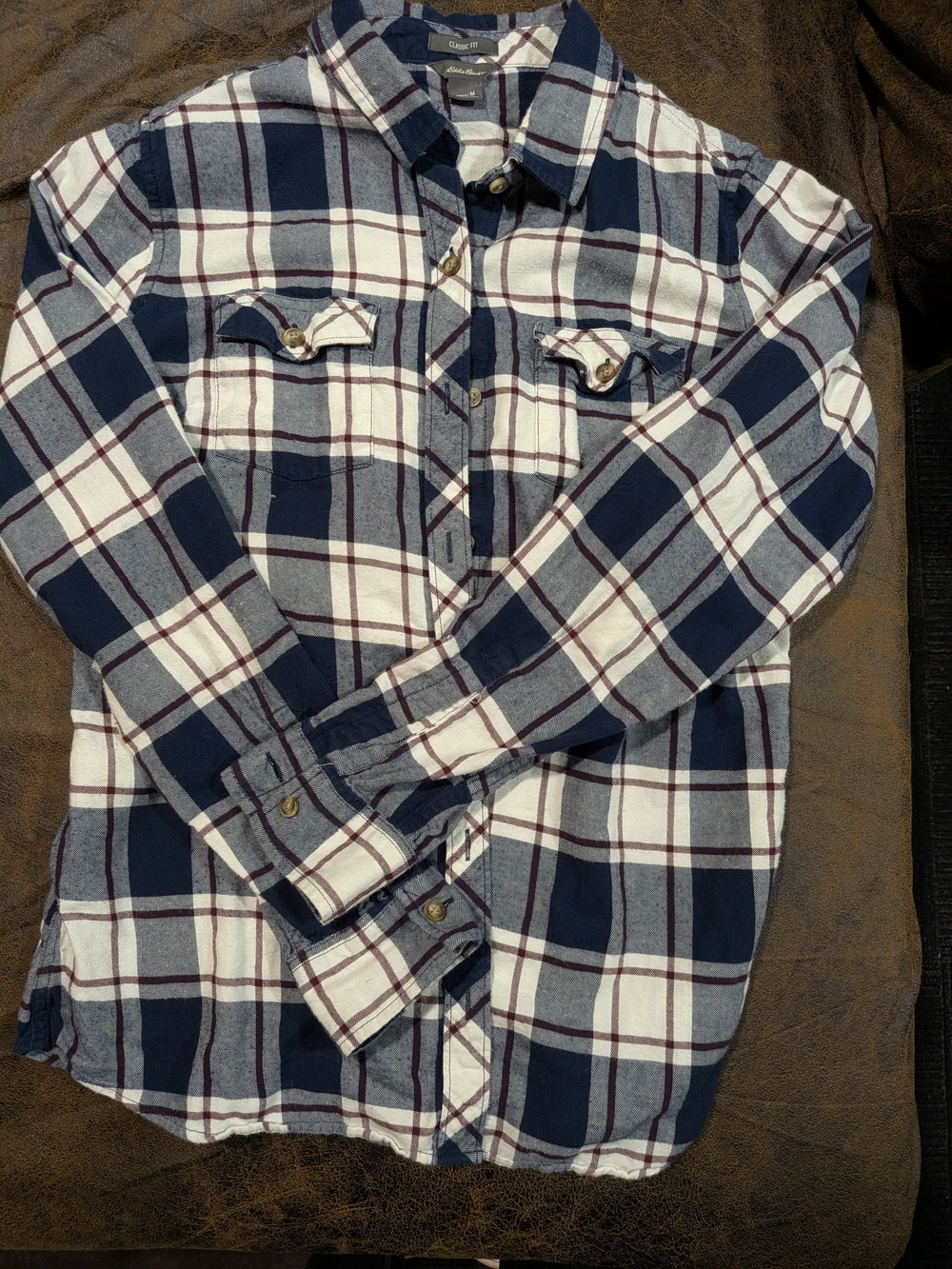 Eddie Bauer Navy, White & Burgundy Plaid Button-Down Shirt